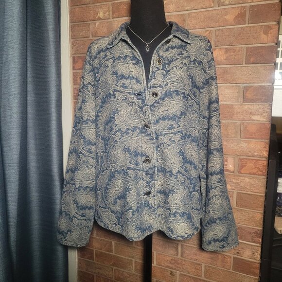 Chico's Travelers Collection Crushed Brocade Blue/Goldish Jacket - Sz 3 (XL/16) - Picture 3 of 12